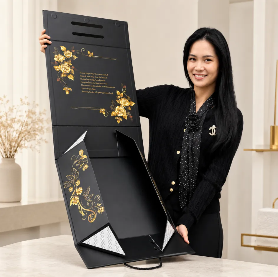 Large foldable black handbag packaging box with gold floral design and carrying handles