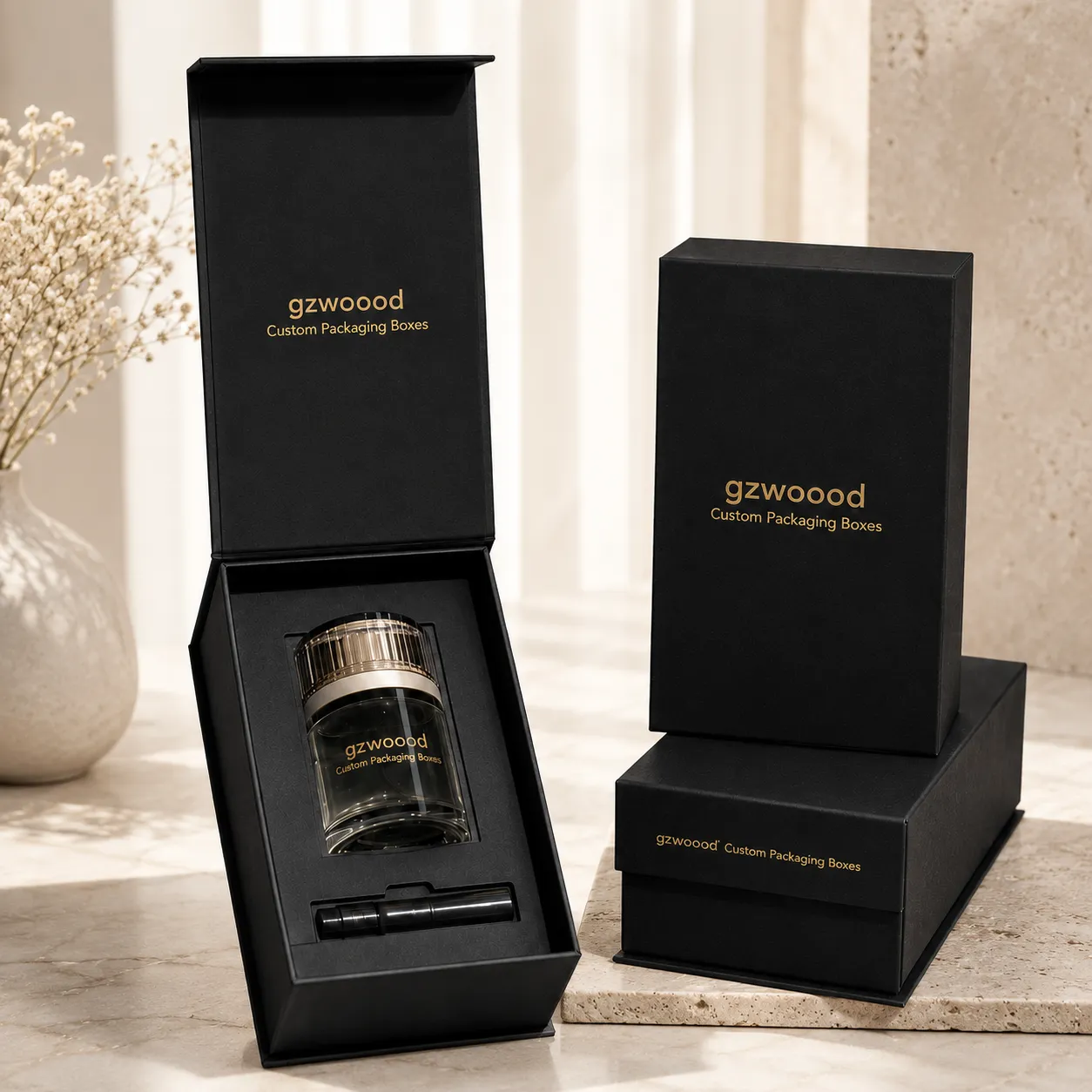 Custom black perfume packaging boxes with gold foil branding and protective inserts