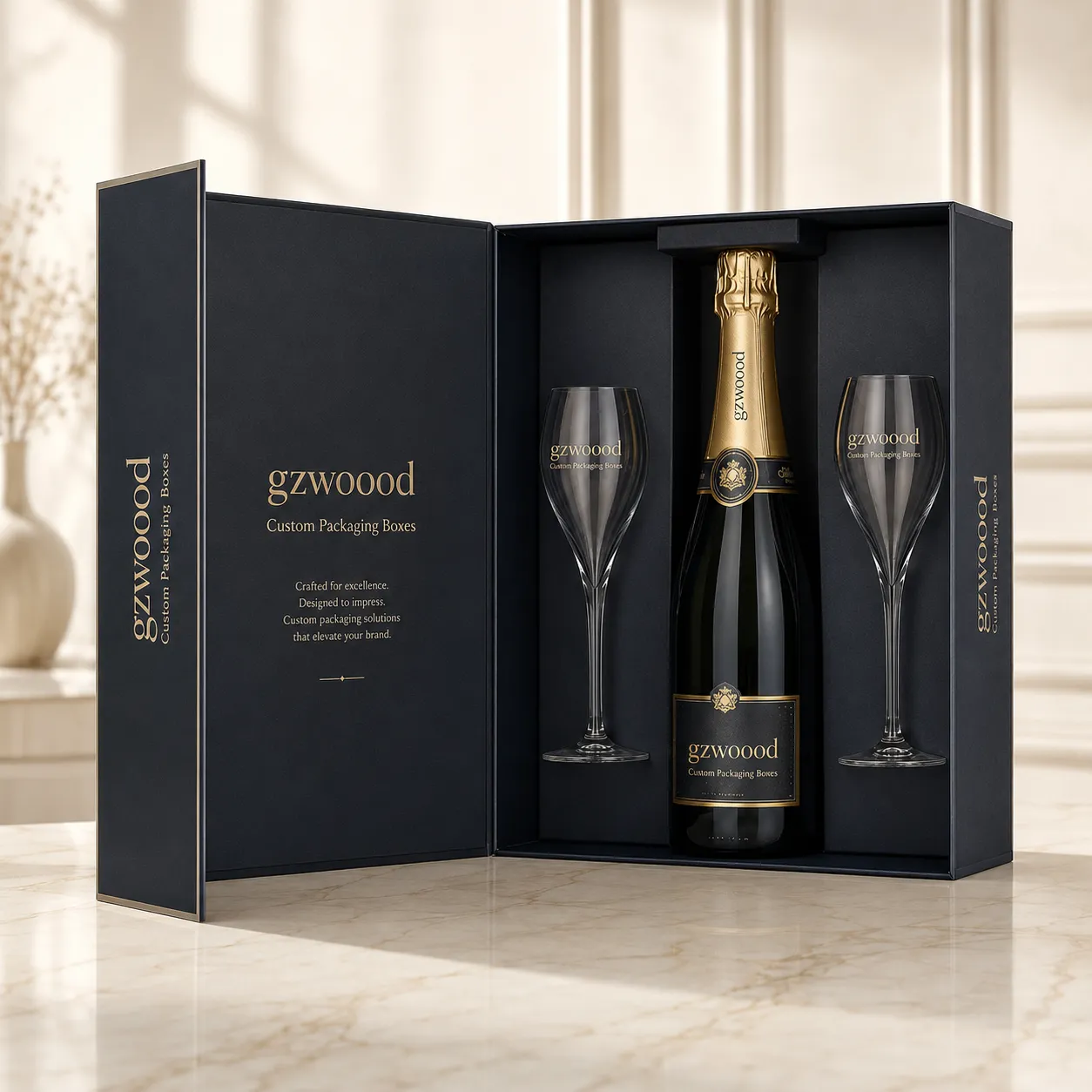 Custom luxury wine gift set box with champagne bottle and two glasses